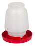 White plastic poultry feeder with red base on a white background