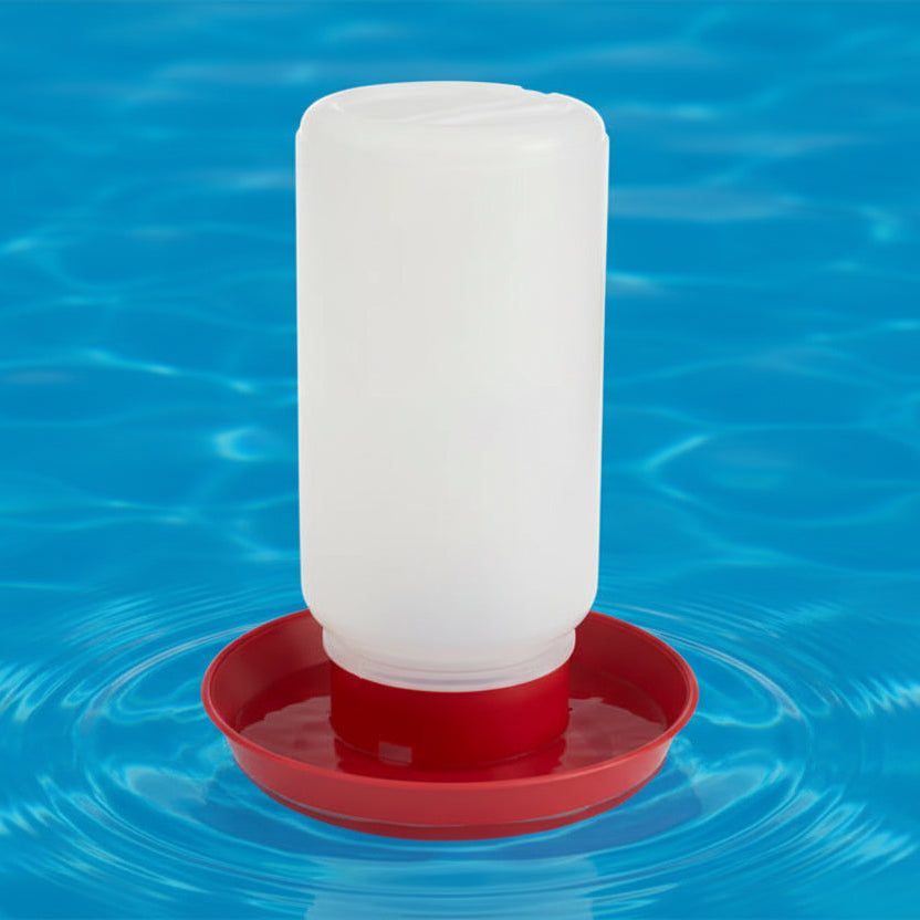 Chick waterer with white jar and red base
