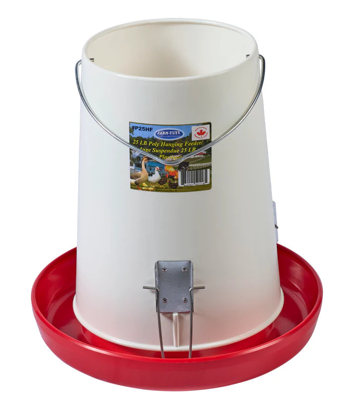 White poultry feeder with red base on a white background