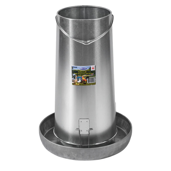 Metal poultry feeder with a label on a white background