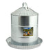 Metal poultry feeder with a label on a white background