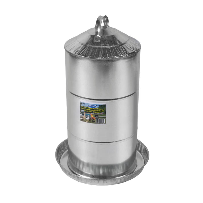 Metallic poultry waterer 8 galloons with a label on a white background