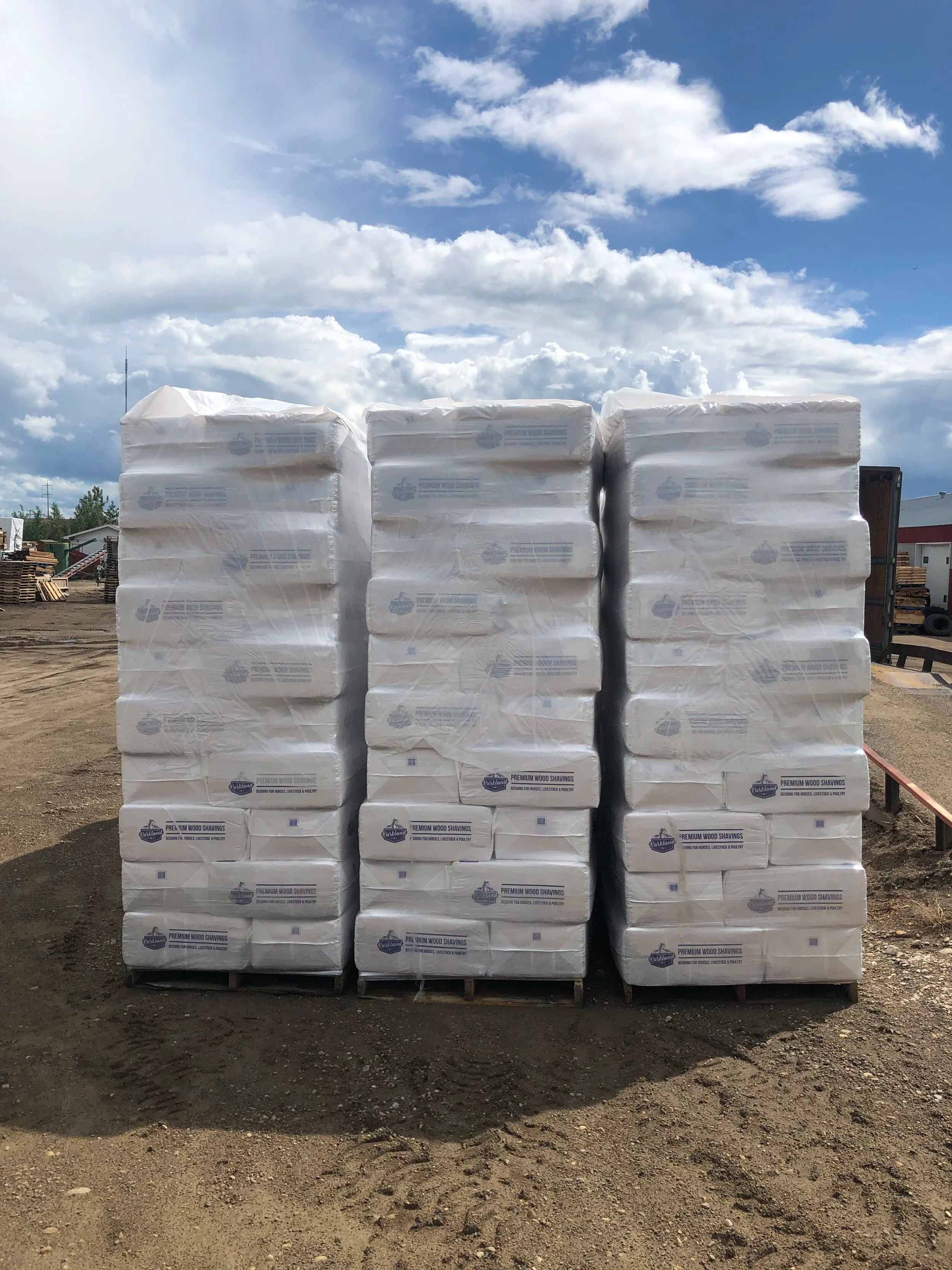 Pallet of Bagged Wood shavings for animals including horses and barns