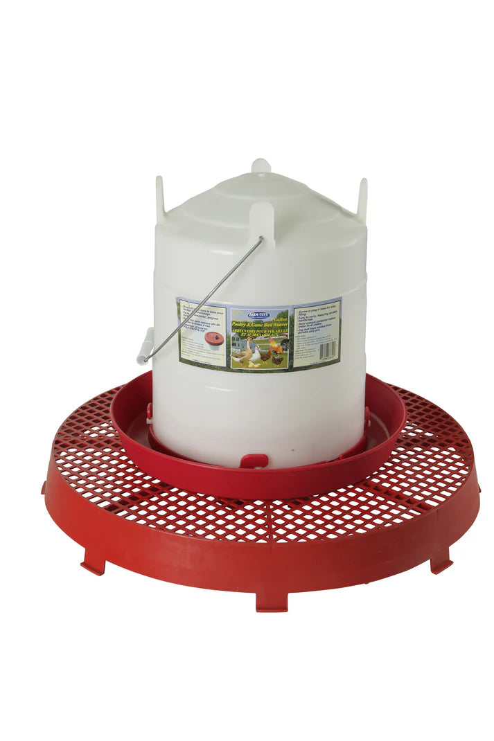 White poultry waterer on a red circular riser base with a label, on a white background