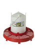 White poultry waterer on a red circular riser base with a label, on a white background
