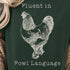  dark green t-shirt with a chicken graphic and text