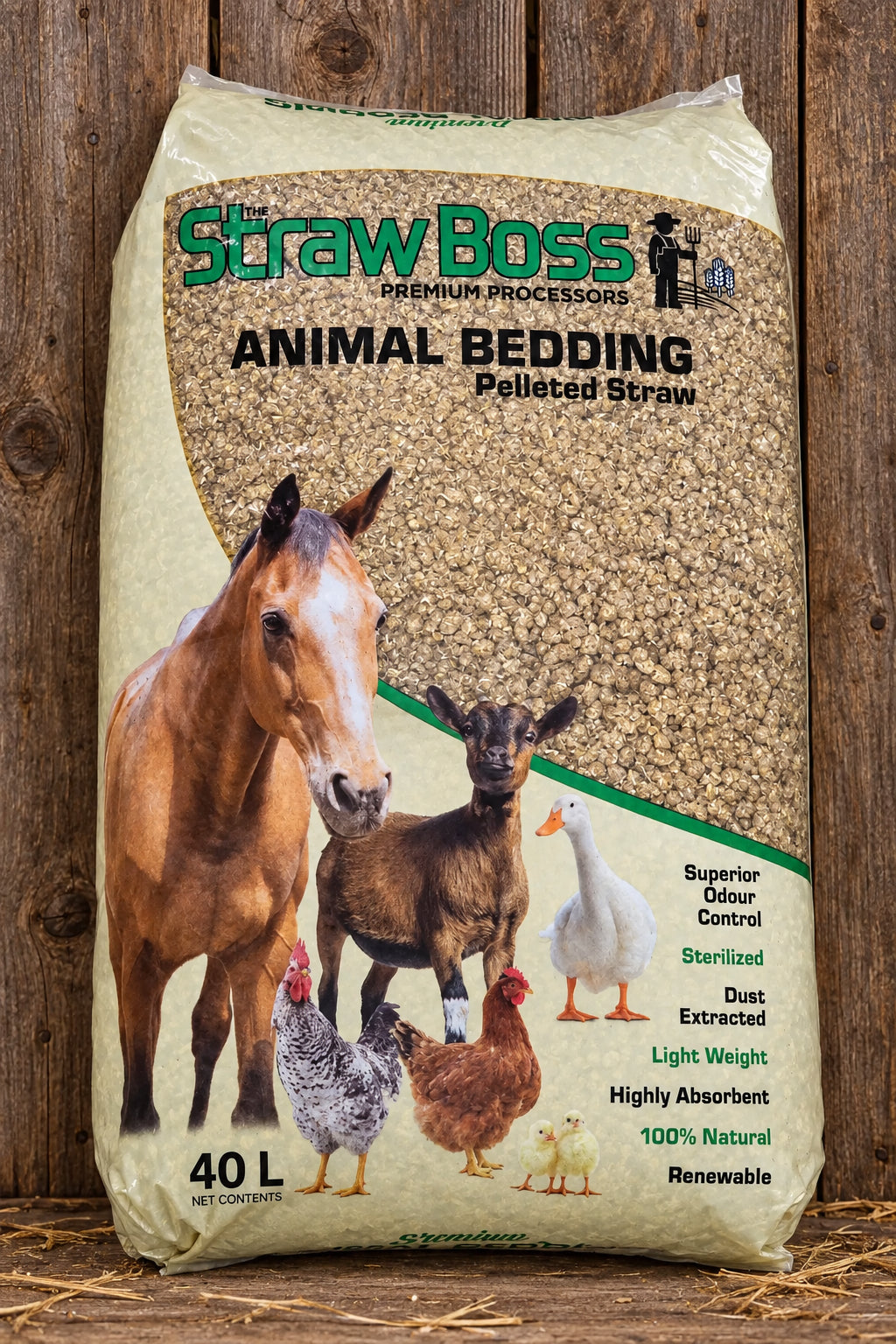 A 40L bag of Straw Boss Animal Bedding Pelleted Straw, featuring illustrations of a horse, goat, duck, and chickens 