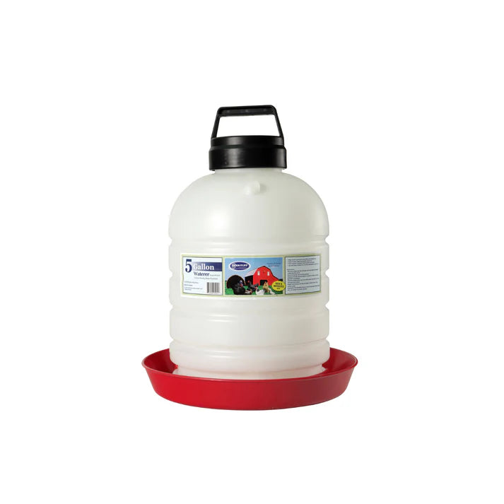 White plastic container with black lid and red base on a white background