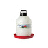 White plastic container with black lid and red base on a white background