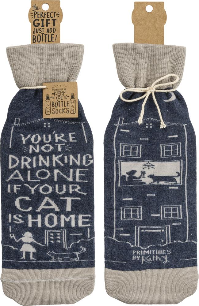 WINE SOCK- DRINKING ALONE CAT IS HOME